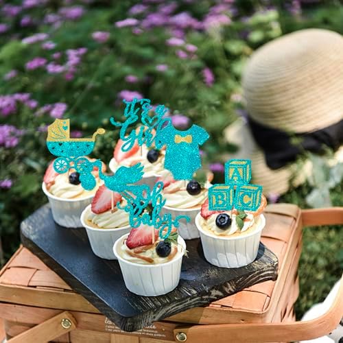 Rsstarxi 24 Pack It's a Boy Cupcake Toppers Oh Baby Shower Cupcake Toppers Baby Stroller Jumpsuit Cupcake Picks for Gender Reveal Baby Shower Boy Birthday Party Cake Decorations Blue