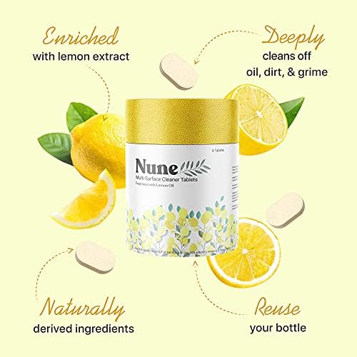 Nune Multi-Purpose Cleaner Refills - All Purpose Cleaning Tablets 6 Pack - 144 fl oz total (24 fl oz each) - Shower, Counter, Floor, Furniture, Bathroom - Non-Toxic and Effective - Lemon Fragrance