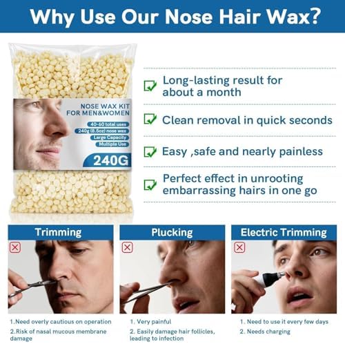 Nose Wax Kit Hair Removal Set - RAINFLOW Ear & Nose Hair Wax Kit for Men and Women,240g Wax Beads with Applicator Sticks, Home Grooming for Dating, Interviews, Travel, Salon-Like Results up to 4 Weeks