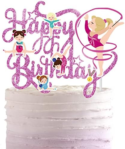 Purple Gymnastics Cake Topper Happy Birthday Sign Cake Decoration Cake Top Hat Sparkling Gymnast Girl Cake Topper Decorations for Gymnast Themed Baby Girl Birthday Party Supplies