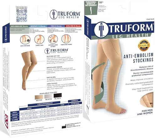 Truform Surgical Stockings, 18 mmHg Compression for Men and Women, Thigh High Length, Open Toe, Beige, Large