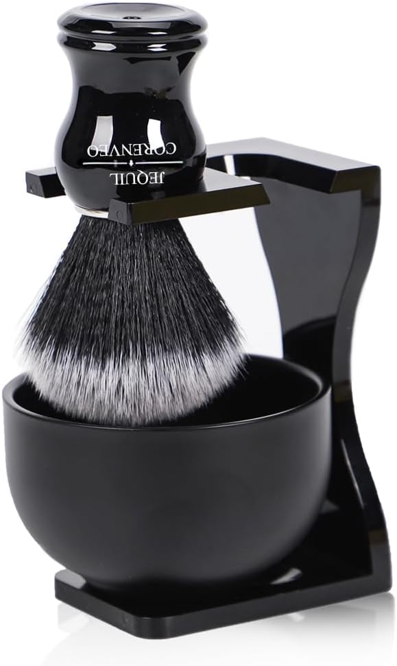 JEQUIL&CORENVEO Men's Shaving Brush Set, 3pcs Synthetic Shaving Brush with Acrylic Stand and Steel Bowl