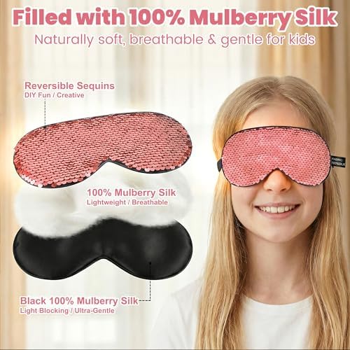 Kids Sleep Mask | Kids Eye Mask with Magic Flip-Sequins | 100% Mulberry Silk Blackout Sleeping Mask with Adjustable Strap (5-15 Years) | Gift for Girls & Boys (Pink)