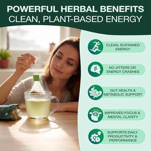 Organic Yerba Mate Tea Bags - Natural Energy Tea With Ashwagandha & Ginkgo Biloba - Organic Unsmoked Yerba Mate Tea for a Natural Sustained Energy Boost - Coffee Alternative, Naturally Occurring Caffeine