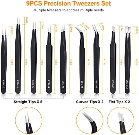 kaverme 9PCS Precision Tweezers Set, Upgraded Anti-Static Stainless Steel of Tweezers, for Electronics, Soldering, Laboratory Work, Jewelry-Making, Model, Craft