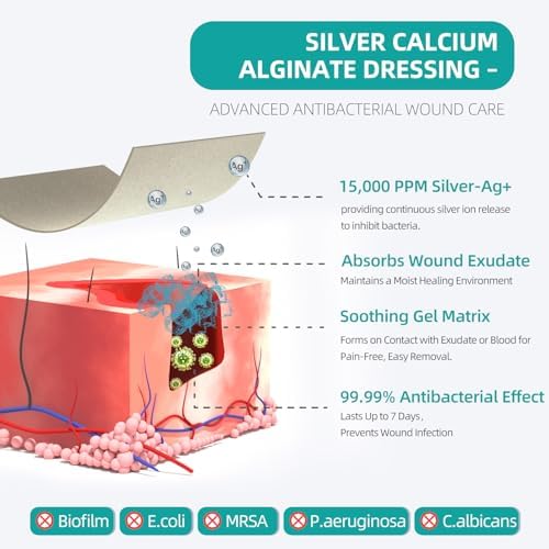 Dimora Upgrade Silver Calcium Alginate Wound Dressing -Antibacterial Non Stick Gauze for Wounds Care, Highly Absorbent Sterile Bandage Pads with Ag, 2'' x 2'' Patches 12 Packs Individual