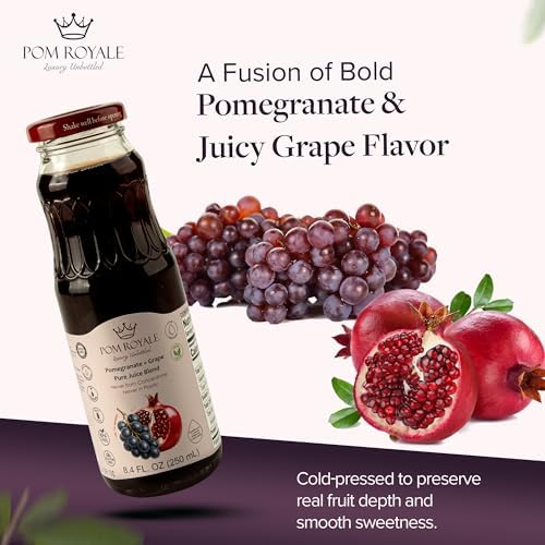 Pure Pomegranate Juice with Grape, 8.4 Fl Oz Glass Bottle (Pack of 12), Cold Pressed, Not from Concentrate, Non-GMO, No Sugar Added, Gluten Free, Preservative Free