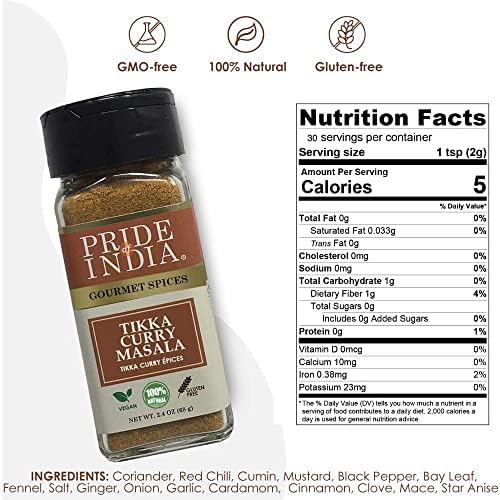 Pride of India – Tikka Curry Masala Seasoning Spice – Gourmet Curry Mix – Ideal for Vegetarian and Meat Dishes – Natural & GMO Free – Easy To Use - 2.4 oz. Small Dual Sifter Bottle