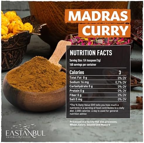 Eastanbul Madras Curry Powder, 5.64oz, Traditional Indian Spice Blend, Madras, Authentic Curry Seasoning, All-Natural, Very Low Sodium, No MSG, No Filler, Gluten Free, Vegan