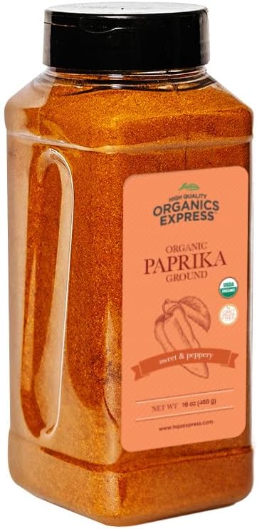 HQOExpress Organic Paprika – Non GMO, Kosher, USDA Certified Organic Ground Paprika Powder – Sweet and Mildly Spicy Seasoning for Soups, Chilis, Sauces and Stews, 16 oz. Chef Jar