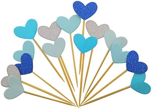 Cupcake Toppers 30Pcs Set, GUCUJI Funny Blue Heart DIY Glitter Mini Birthday Cake Snack Decorations Picks Suppliers Party Accessories for Wedding and Baby Shower