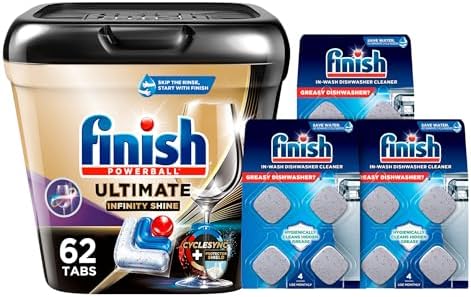 Bundle of Finish Ultimate Plus Infinity Shine - 62 Count - Detergent + Finish In-Wash Dishwasher Cleaner Tabs - 3 Count (Pack of 4)