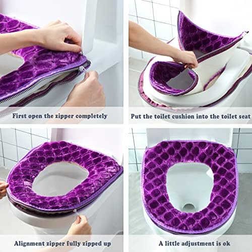 Tegeme Toilet Seat Covers for Bathroom 2 Pieces Toilet Seat Cushion Cover Soft Thicker Warmer Washable Warm Pad Fabric Fluffy with Zipper(Plush)