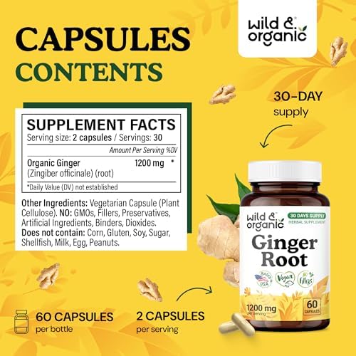 Wild & Organic Ginger Root Capsules 1200 mg - Immune & Digestive Support - Natural Ginger Supplements - Zingiber Officinale Powder - 30 Days of Supply - Vegan, No Fillers, Non-GMO - 60 Count