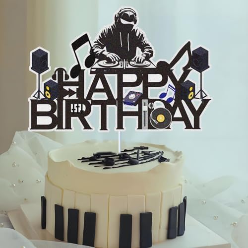 Dj Disco Happy Birthday Cake Topper Music Rock Disco Hip Hop Black Glitter Cake Decoration Carnival party Dj Disco Unisex adult Theme Birthday Party Supplies