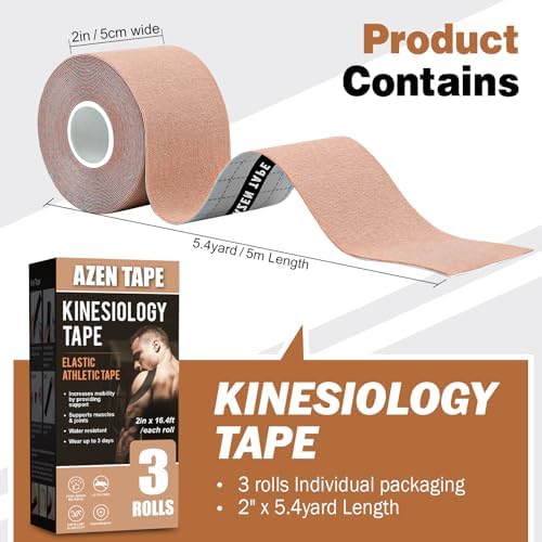 AZEN 3 Rolls Kinesiology Tape, 16.4 ft Waterproof Kinetic Tape for Joints Support and Muscle Pain Relief, Knee Tape, Athletic Tape, Uncut Muscle Tape - Skin