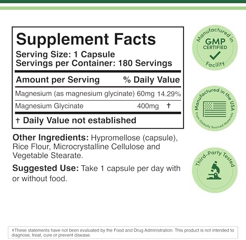 Magnesium Glycinate 400mg | 180 Capsules | Sleep, Muscle, & Heart Support | Vegan, Third Party Tested, Gluten Free, Non-GMO, by Double Wood Supplements