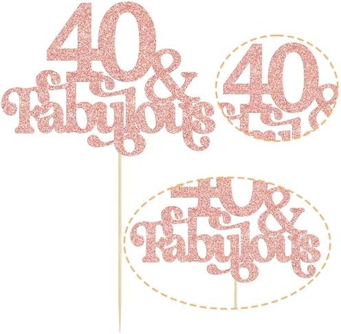 Ephlyn 1Pc 40 & Fabulous Cake Topper Glitter Forty and Fabulous Cake Toppers Happy 40th Birthday Cake Pick for 40th Wedding Anniversary Birthday Party Decorations Supplies Rose Gold