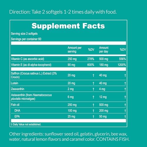 UpNourish AREDS 2 Plus Eye Vitamin Supplement, AREDS 2 Zinc Free Formula with Lutein, Zeaxanthin, Saffron, Astaxanthin & DHA - 120 softgels