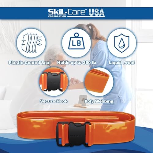 Skil-Care BioShield Wipe-Clean Gait Belt, 72"L, Orange, Caregiver Lifting Straps for Elderly Transfer Belt & Walking Support, Heat-Sealed Vinyl with Safety Buckle, 914388