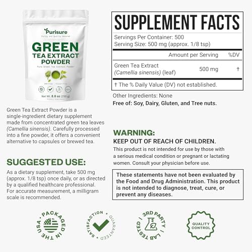 Purisure Green Tea Extract | Powdered Tea from Premium Green Leaf | Unsweetened Vegan Tea for Latte & Smoothie Recipe | All-Natural Antioxidant Green Tea Powder with EGCG & Polyphenols | 500 Servings