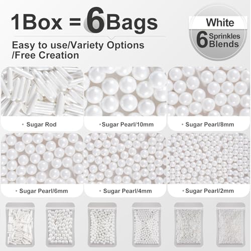 HUEBEATY® White Edible Pearls Sprinkles Set with Claw Sprinkle Pen, 6.36oz – Assorted White Cake Sugar Pearls (2mm–10mm) and Sugar Rods Sprinkles for Cake, Cupcakes, Cookies, Wedding & Valentine Desserts