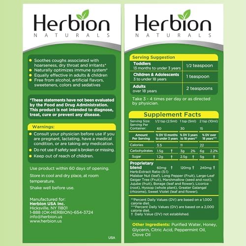 HERBION Naturals Cough Syrup with Honey, Relieves Cough & Soothes Sore Throat, Optimizes Immune, Promotes Lung Function, for Adults & Kids 13 Months+, 5 Fl Oz, Pack of 1