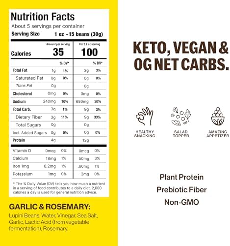 BRAMI Lupini Beans Snacks, Garlic & Rosemary | 7g Plant Protein, 0g Net Carbs | Vegan, Vegetarian, Keto, Plant Based, Mediterranean Diet, Healthy Snacks, Non Perishable, 5.3 Ounce (Pack of 1)