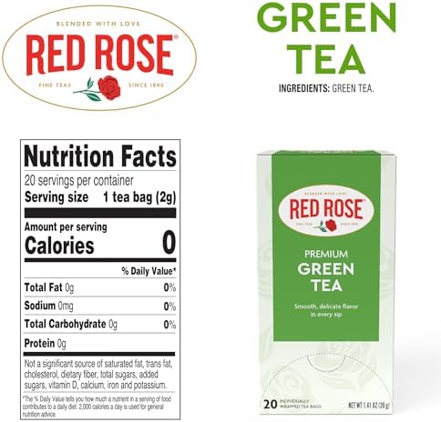 Red Rose Green Tea Naturally Flavored Rich in Antioxidants Zero Calories with 20 Individually Wrapped Tea Bags Per Box Contains Caffeine Brew Hot