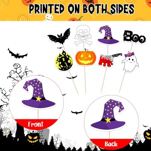 NEBURORA 64 Pcs Halloween Cupcake Toppers,Pumpkin Bat Ghost Boo CupCake Picks Cake Decorations for Halloween Party Decorations Supplies