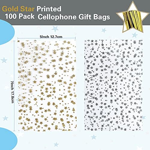 100 Pcs Star Printed 5"X 7" Gift Wrap Cello Cellophane Treat Bags Party Favor bags Clear Candy Cookie Bag Plastic Poly Goodie Storage Bag with Twist Ties for Bakery,Birthday, Wedding ,Party Decorations (Gold)