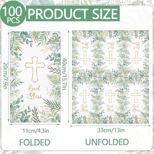 100PCS Greenery Religious Paper Napkins 3 Ply Blessed Cross Disposable Hand Towels for Bathroom Decorative Eucalyptus Guest Napkins for First Communion Holy Baptism Wedding Religious Spring Party