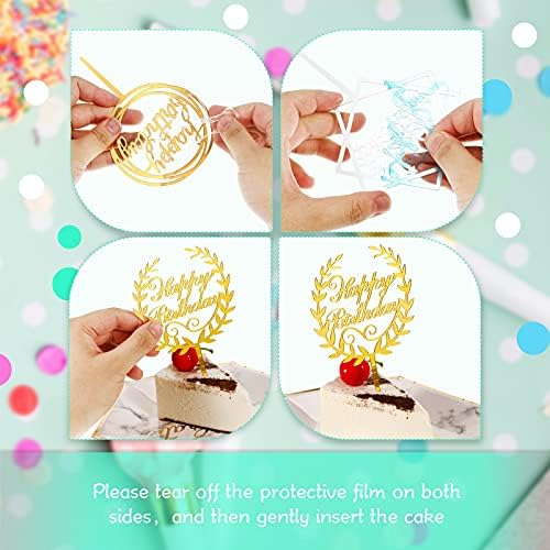 Macarrie 40 Pcs Happy Birthday Cake Topper Gold Acrylic Glittering Cupcake Topper Decorations for Birthday Event Party Supplies, 20 Different Shapes