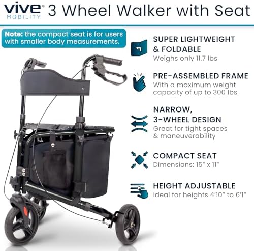 Vive 3 Wheel Walker with Seat - Tri Rollator Walker for Seniors and Adults - Lightweight and Foldable, with Seat, Brakes and Wheels - Narrow for Tight Spaces and Small Doorways - All Terrain