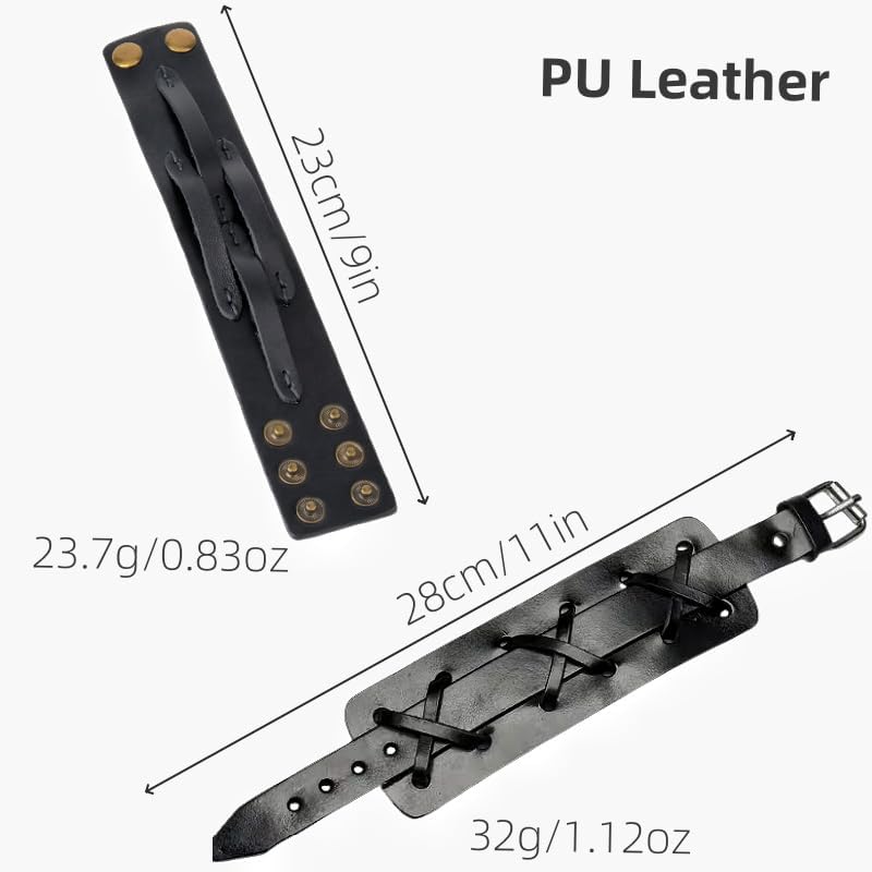 Punk Leather Cuff Bracelet, 2PCS Vintage Braided Leather Wristband for Men Women