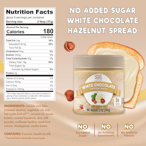 ChocZero Keto White Chocolate Hazelnut Spread - Keto Friendly, No Sugar Added, Best Low Carb Dessert, Perfect Topping for Breakfast, Naturally Sweetened with Monk Fruit (1 jar, 12 oz)