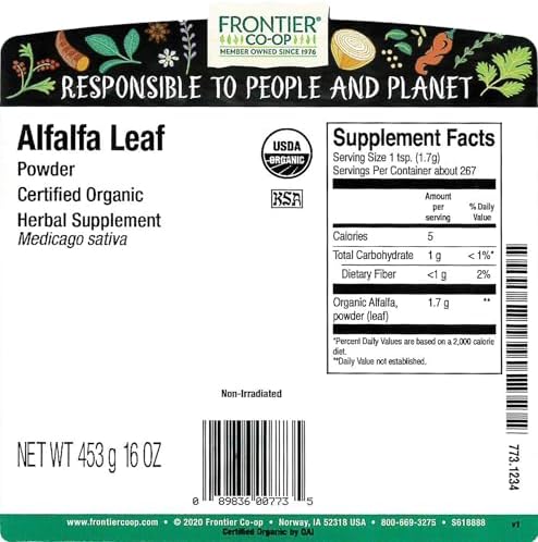 Frontier Co-op Alfalfa Leaf Powder, Certified Organic, Kosher | 1 lb. Bulk Bag | Medicago Sativa L.