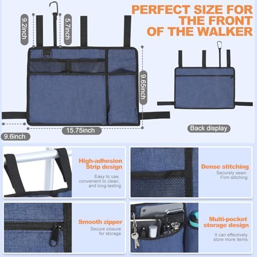 Premium Walker Bag with Cup Holder, Large Capacity Walker Basket for Folding Walkers, Blue Waterproof Oxford Cloth Walker Storage Bags, Walker Accessories for Seniors Elderly, Handicap