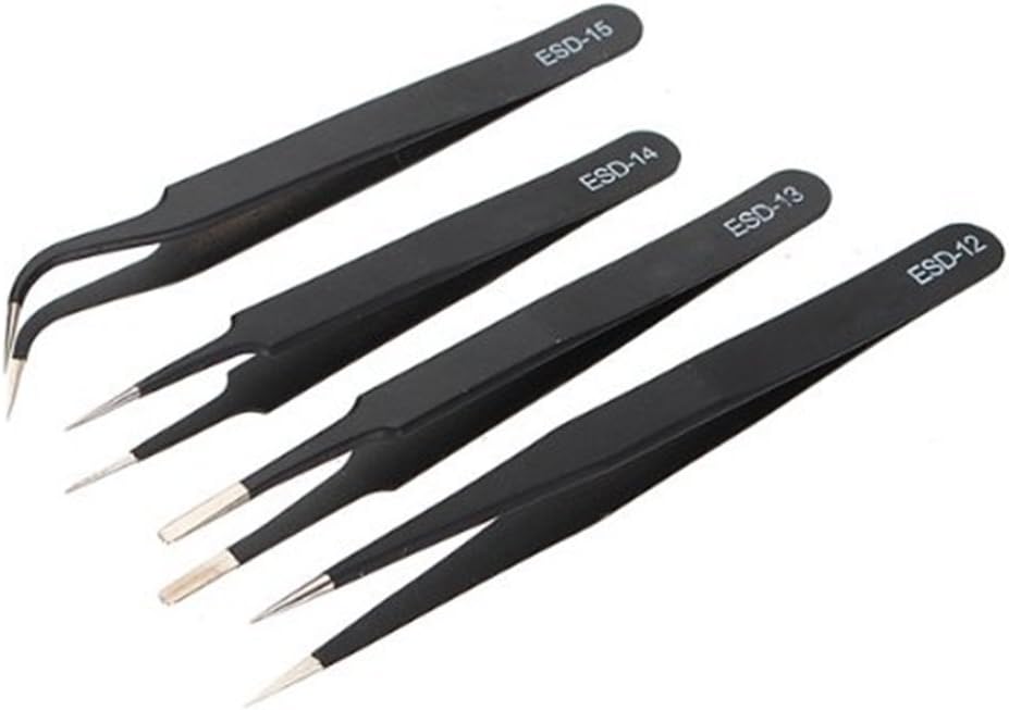 AKOAK 4 Pcs ESD Tweezers Set Anti-Static Tweezers Stainless Steel Tweezers for Eyelash Extension,Electronics, Jewelry-making - Straight and Curved Tip Tweezers - Black