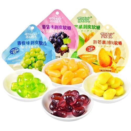 Peel fudge 8 kinds of fruit candy，Mango Peelable Candy，Lychee White peach candy,50% juice content,Chinese snack gifts,Healthy Desserts，Peeling Gummy Candy (4 Flavor Mix and Match,4 packs(150g))