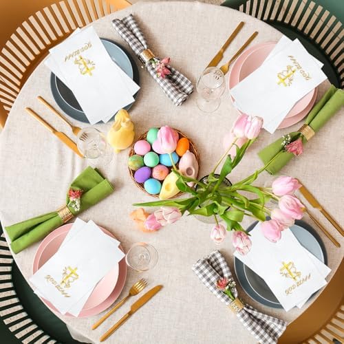 100 Pcs Easter Cross Paper Napkins Disposable, Religious God Bless Gold Foil Cocktail Napkins, He is Risen Paper Napkin for Easter First Communion Baptism Confirmation Party Supplies Decorations