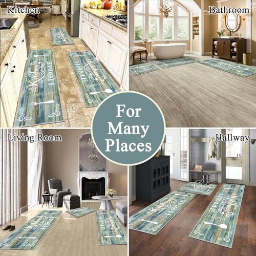 Vaukki Boho Kitchen Rug Sets 3 Pieces, Washable Kitchen Mats for Floor, Non Slip Soft Kitchen Area Rug Floor Mat for Kitchen, Laundry Room and Hallway (Teal and Brown, 20''x32''+20''x47''+20''x59'')