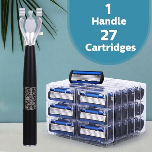 28 Pcs Disposable Men's Razors Set Refillable 6-Blade Sensitive Skin Razor Kit for a Comfortable Shave, 1 Handle and 27 Cartridges