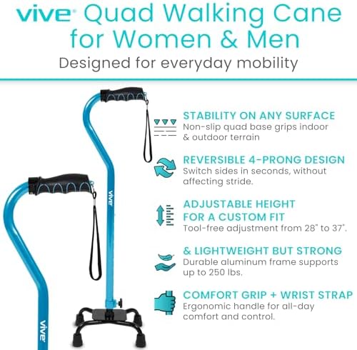 Vive Quad Cane - Walking Stick for Men and Women - Lightweight Adjustable Staff - Comfortable Right and Left Hand Grip for Stability Support - Four Prong Sturdy Aluminum Travel Aid - 4 Tip Blue