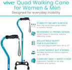 Vive Quad Cane - Walking Stick for Men and Women - Lightweight Adjustable Staff - Comfortable Right and Left Hand Grip for Stability Support - Four Prong Sturdy Aluminum Travel Aid - 4 Tip Blue