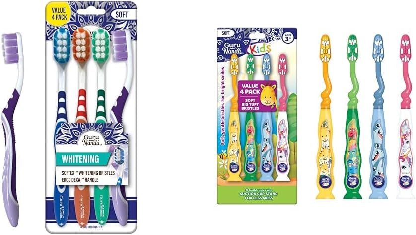 GuruNanda Whitening Toothbrush Pack of 4 & Kids Toothbrush with Suction Cup, Soft Bristles, Fun Animal Designs - 4 Count