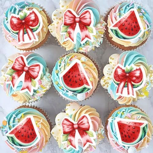 40Pcs Edible Watermelon Cupcake Toppers Cute Watermelon Bow Cupcake Picks for Summer Fruit Baby Shower Fruit Girls Birthday Wedding Anniversary Party Cake Decorations Summer Holiday Party Decors