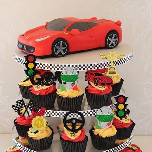 Rsstarxi 24 Pack Race Car Cupcake Toppers Glitter Traffic Light Trophy Flag Racing Cup Cupcake Picks for Racing Theme Baby Shower Boys Birthday Party Cake Decorations Supplies