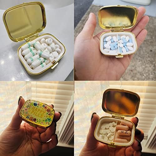 Happy Pills Pill Organizer Cute Metal Pill Case Travel Friendly Portable Compact Pill Box Pill Container to Hold Tylenol/Vitamins/Fish Oil/Supplements/Meds/Tablet for Purse/Pocket