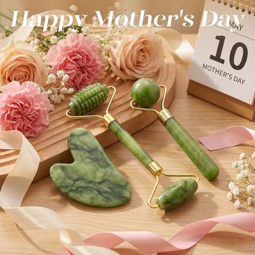 BAIMEI IcyMe Gua Sha and Jade Roller for Face, Natural Jade Face Roller with Ridge Design for Reducing Puffiness & Skin Firming,Facial Sculpting Tool, Self Care Gift for Women Men
